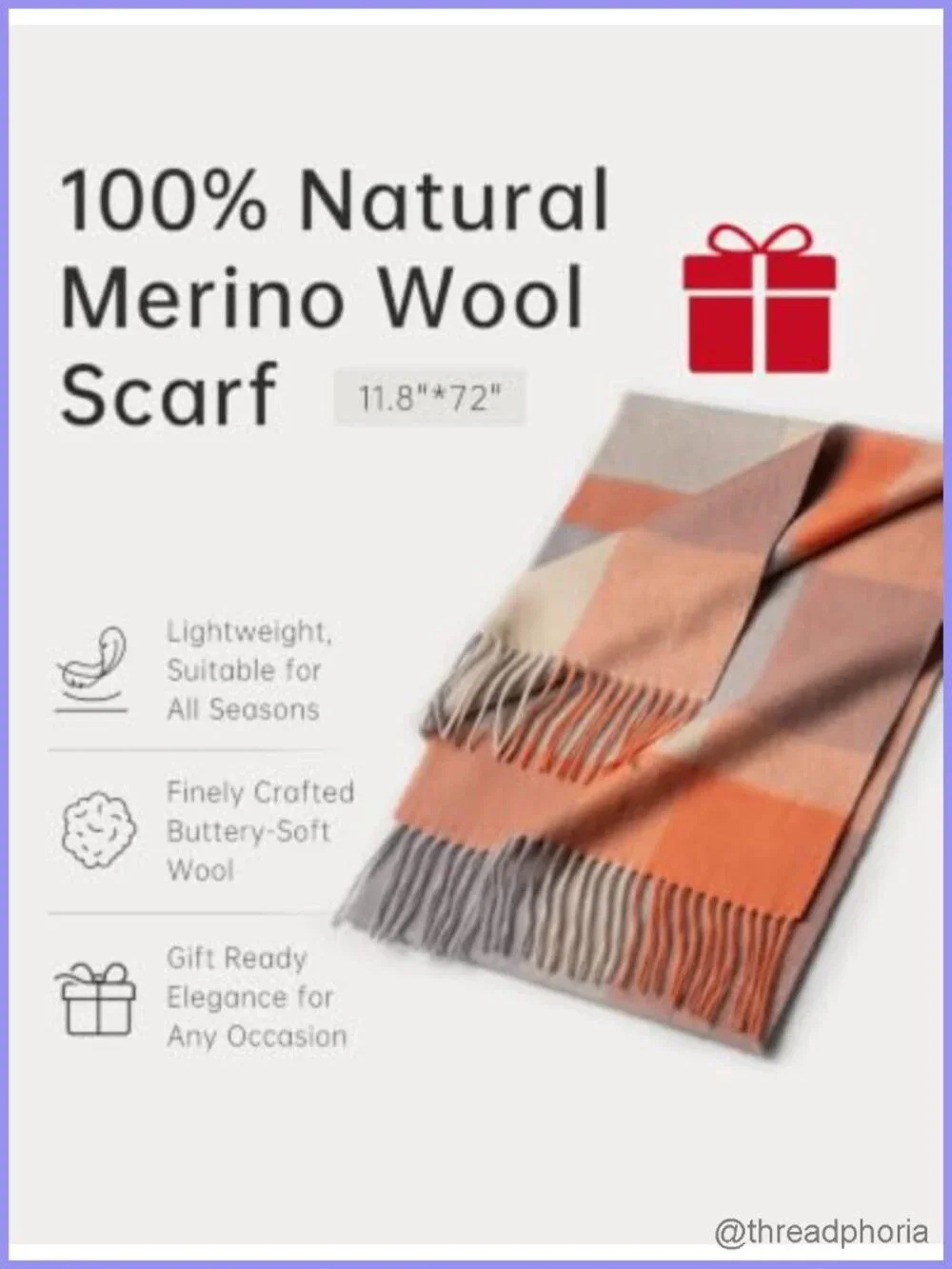 100% Merino Wool Scarf Shawl Wrap Unisex Winter Travel